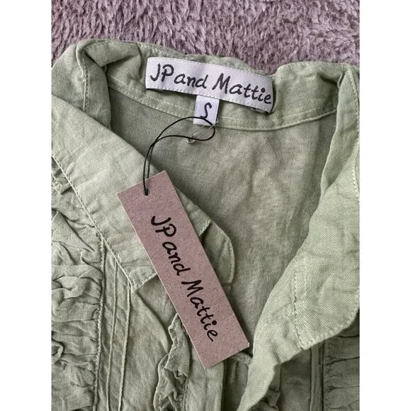 JP And Mattie Women’s Blanchard Ruffle Button Down Blouse Green Sz S New - Picture 6 of 13